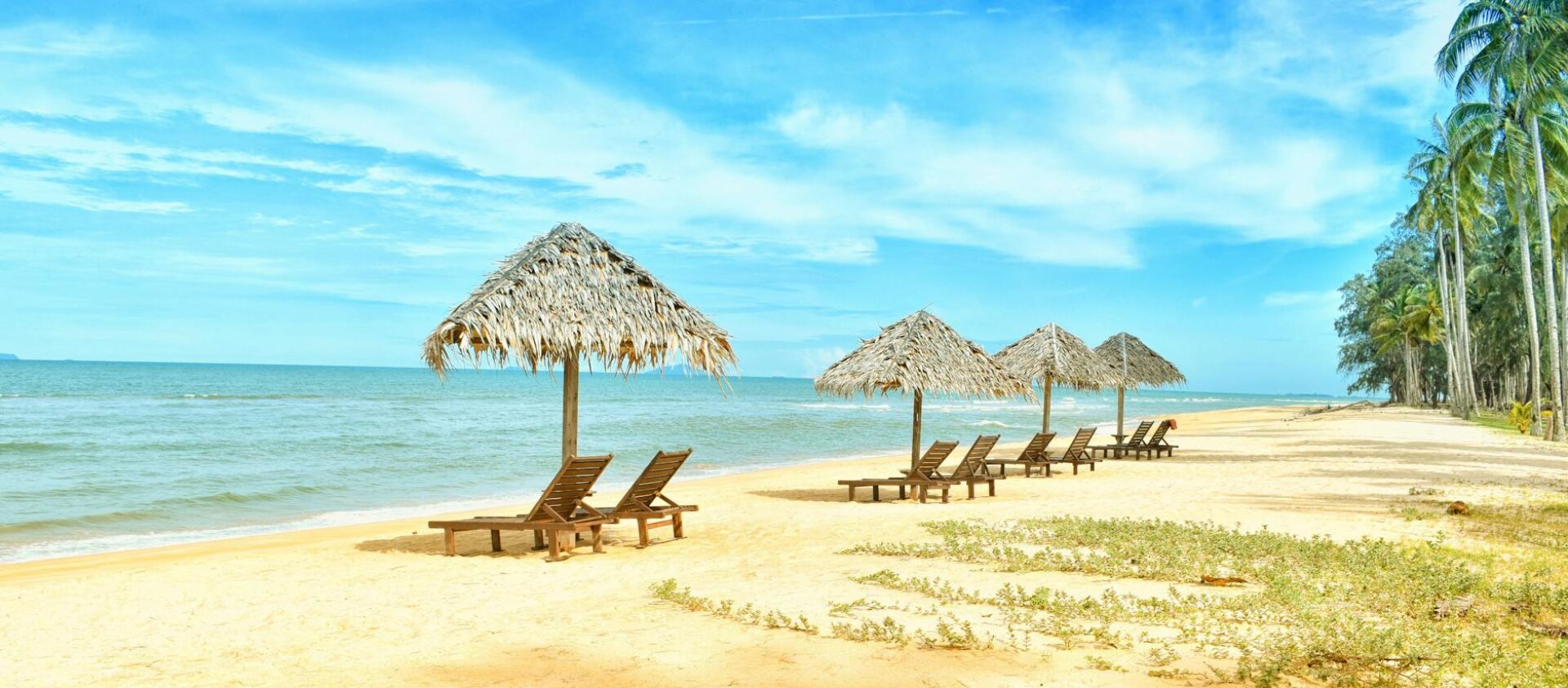 loungers under parasol at shoreline