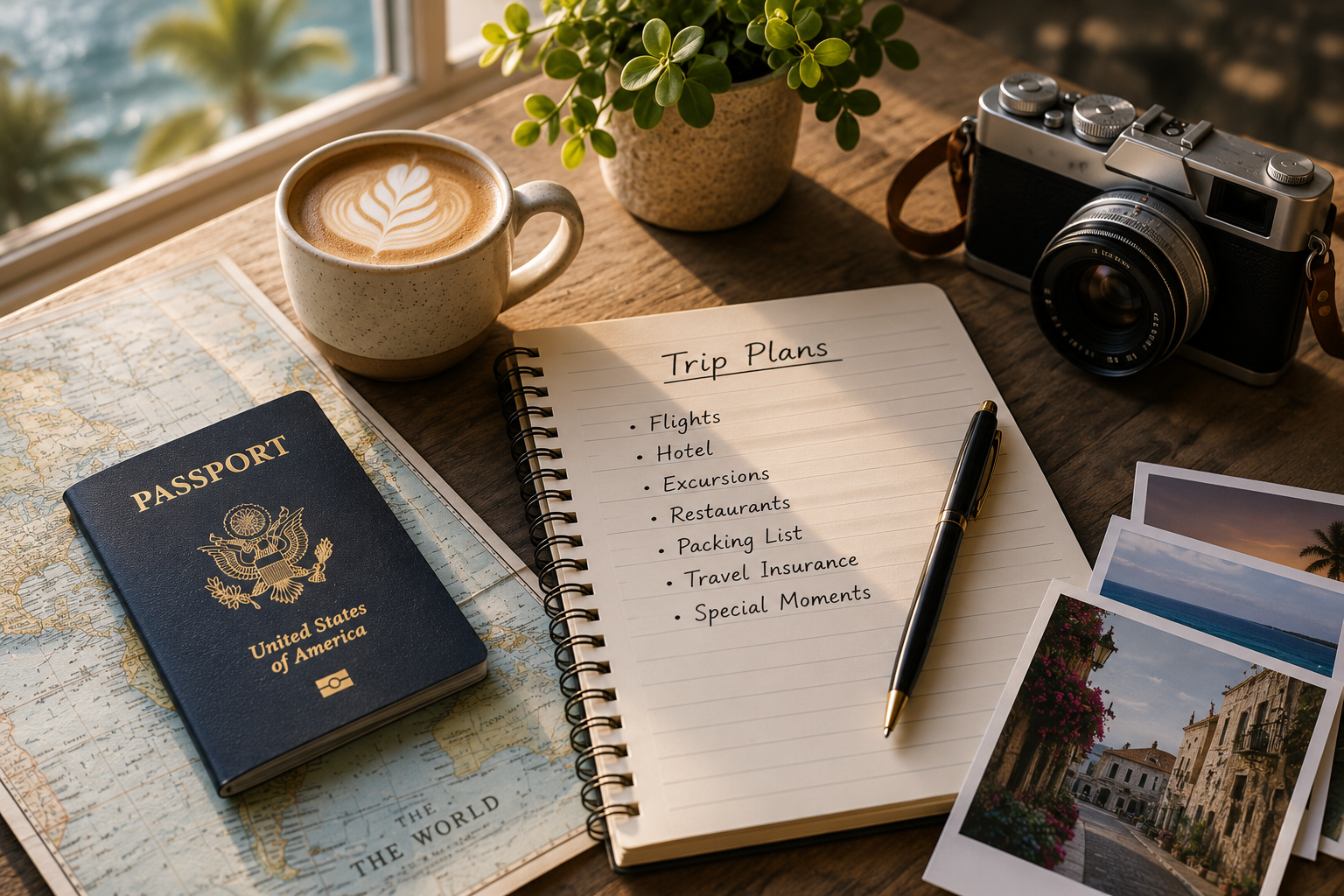 Travel planning with coffee, passport, notebook and map