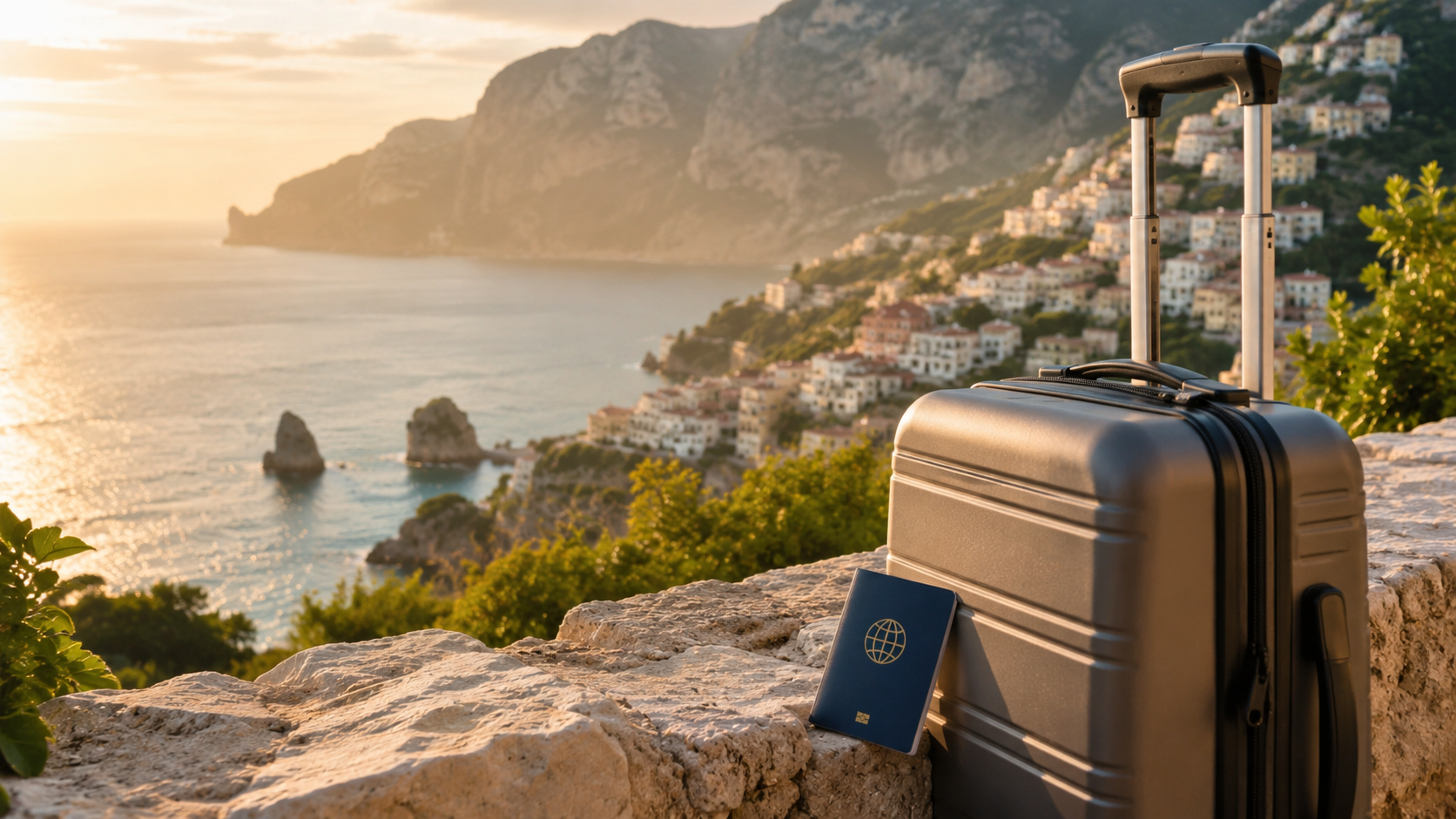 Suitcase and passport overlooking a scenic coastal destination
