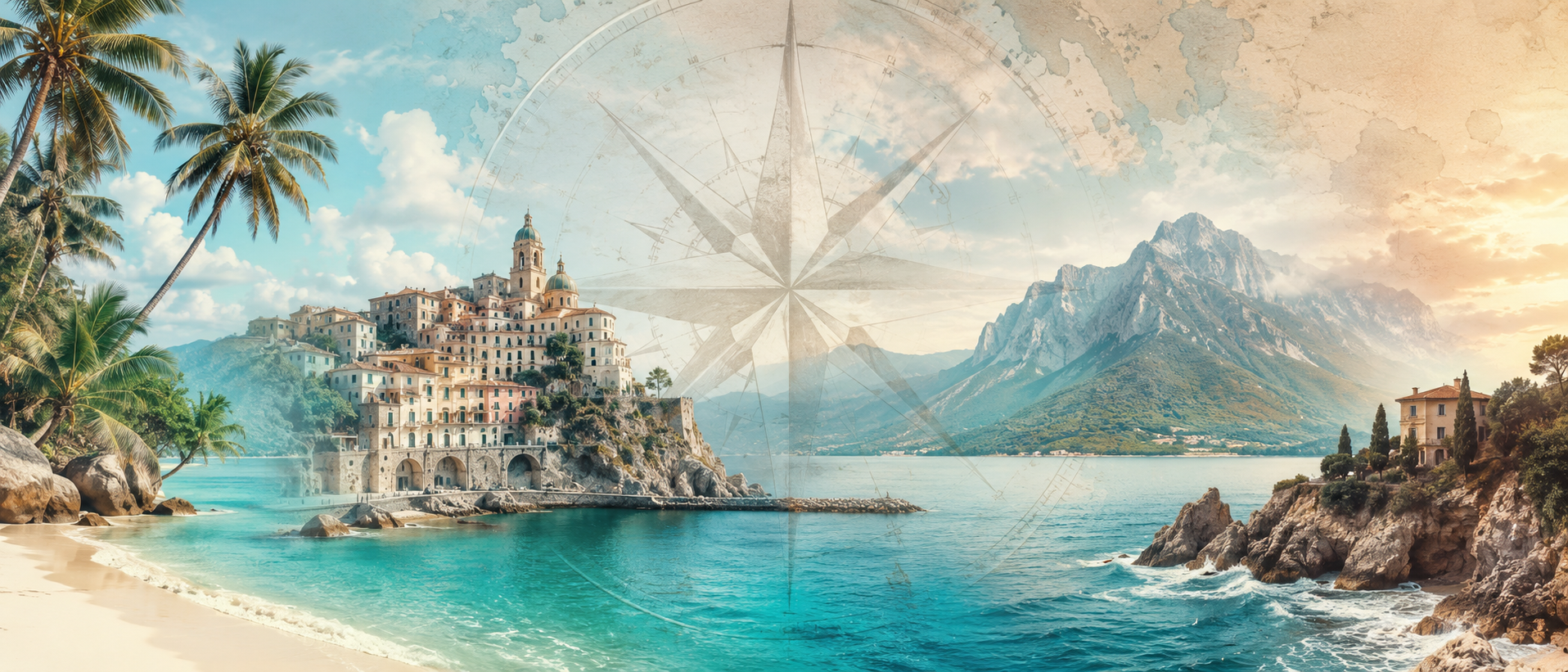 Compass over a collection of travel destinations